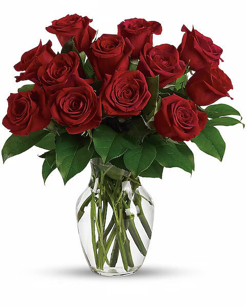 Glass vase holding red roses.